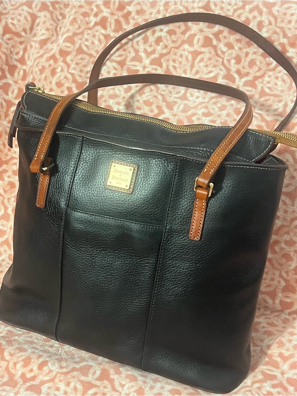 Dooney & Bourke Black Leather Shoulder Bag with Brown Trim and Gold Hardware
